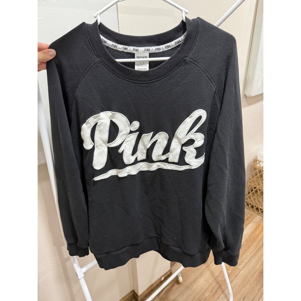 PINK Victoria's Secret Black Crewneck Sweatshirt White Mesh Logo Large